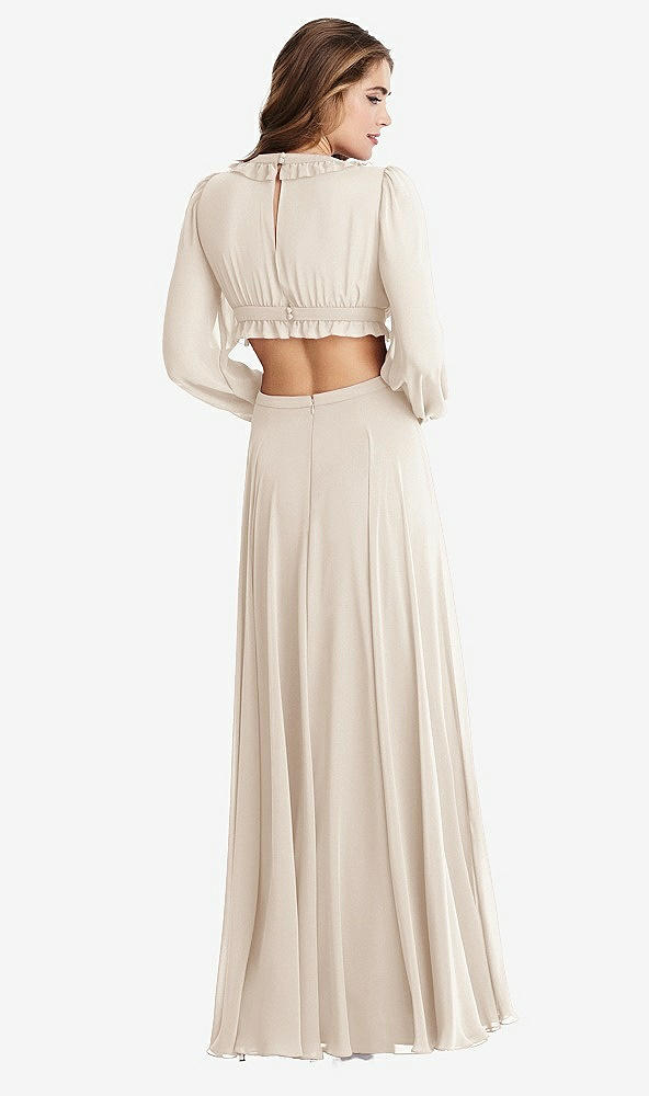 Back View - Oat Bishop Sleeve Ruffled Chiffon Cutout Maxi Dress - Harlow 