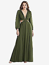 Front View Thumbnail - Olive Green Bishop Sleeve Ruffled Chiffon Cutout Maxi Dress - Harlow 