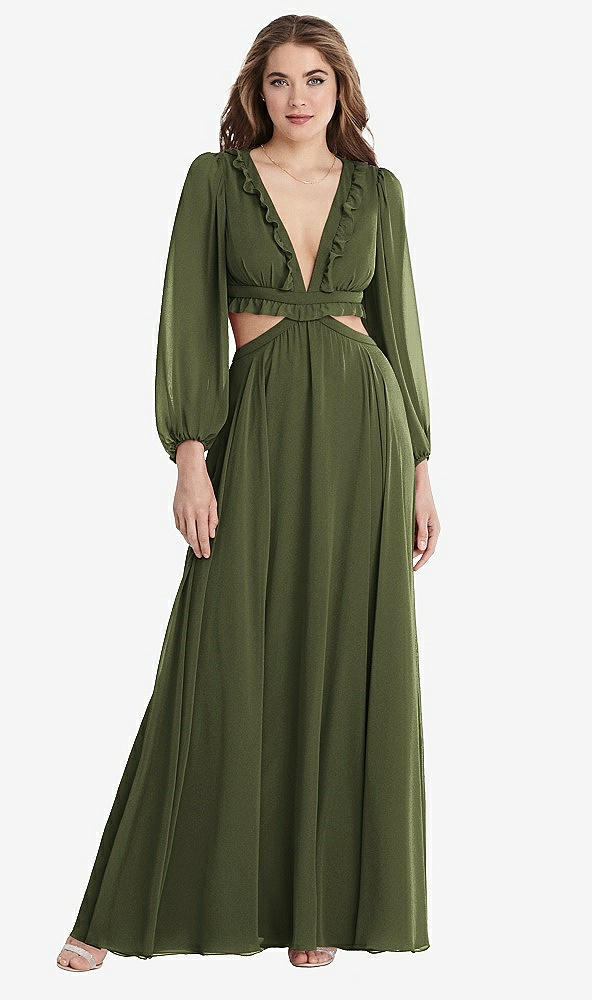 Front View - Olive Green Bishop Sleeve Ruffled Chiffon Cutout Maxi Dress - Harlow 