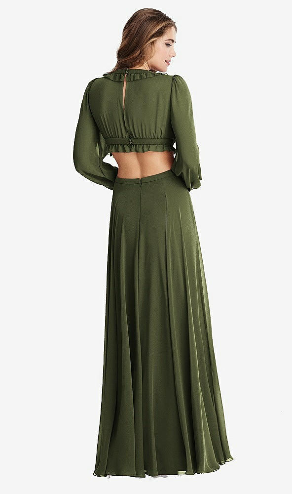 Back View - Olive Green Bishop Sleeve Ruffled Chiffon Cutout Maxi Dress - Harlow 