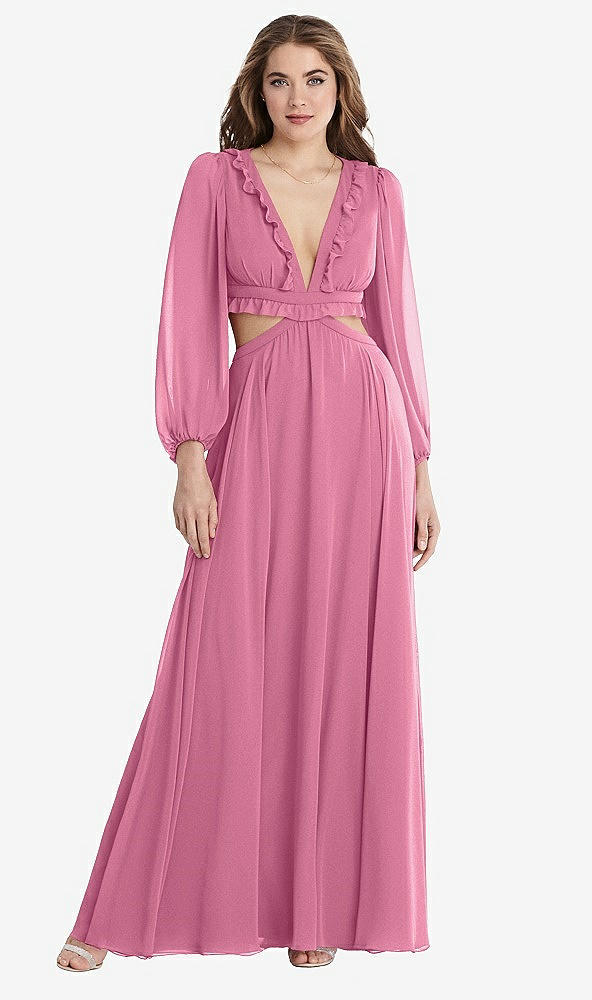 Front View - Orchid Pink Bishop Sleeve Ruffled Chiffon Cutout Maxi Dress - Harlow 