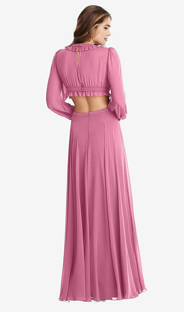 Back View - Orchid Pink Bishop Sleeve Ruffled Chiffon Cutout Maxi Dress - Harlow 