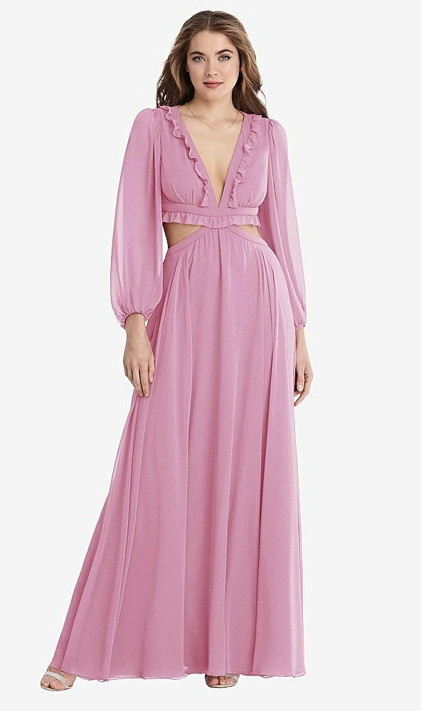 Front View - Powder Pink Bishop Sleeve Ruffled Chiffon Cutout Maxi Dress - Harlow 