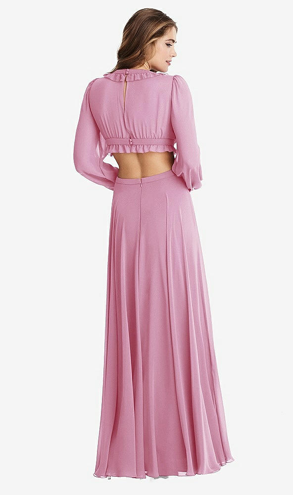 Back View - Powder Pink Bishop Sleeve Ruffled Chiffon Cutout Maxi Dress - Harlow 