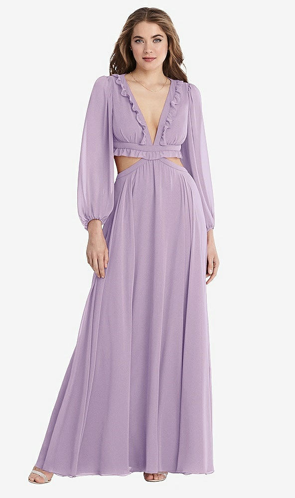 Front View - Pale Purple Bishop Sleeve Ruffled Chiffon Cutout Maxi Dress - Harlow 