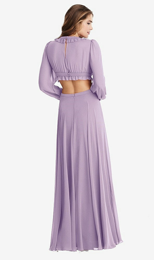 Back View - Pale Purple Bishop Sleeve Ruffled Chiffon Cutout Maxi Dress - Harlow 