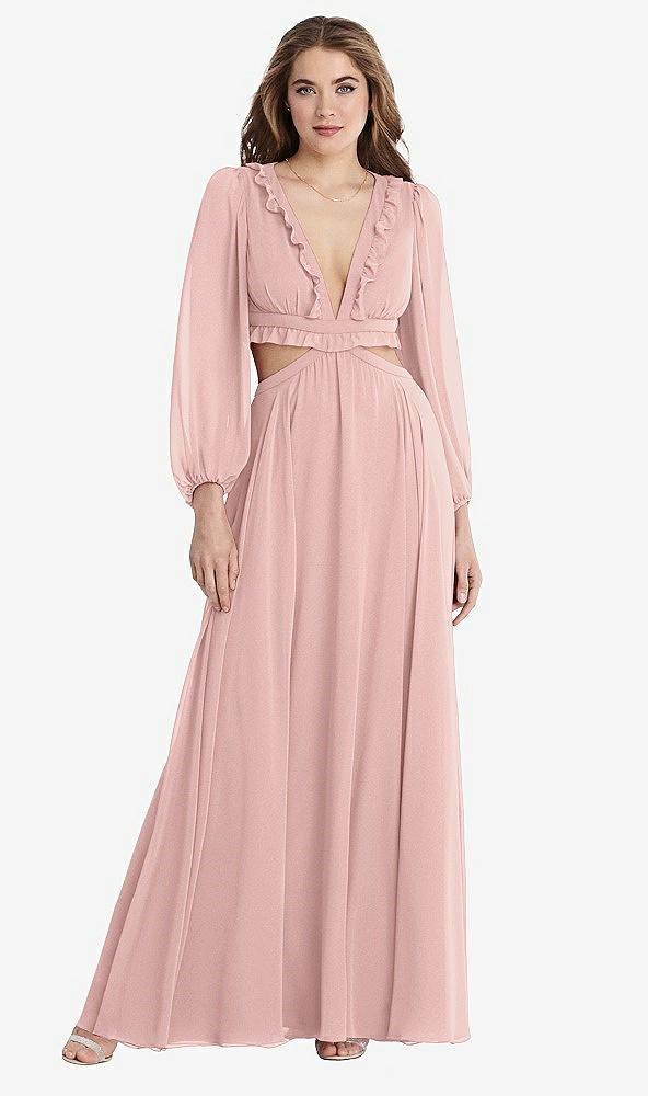 Front View - Rose Bishop Sleeve Ruffled Chiffon Cutout Maxi Dress - Harlow 