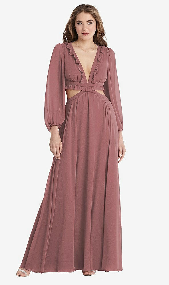 Front View - Rosewood Bishop Sleeve Ruffled Chiffon Cutout Maxi Dress - Harlow 