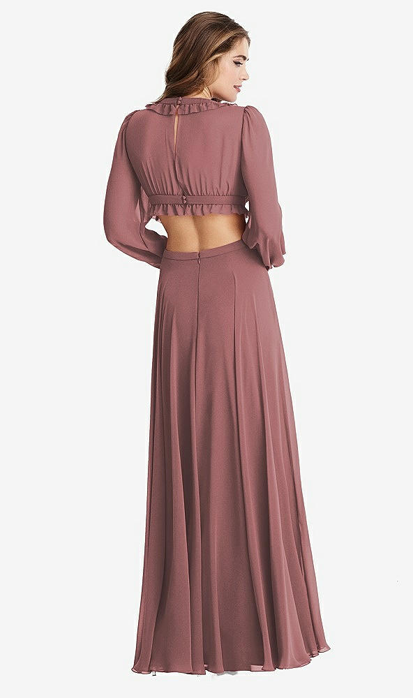 Back View - Rosewood Bishop Sleeve Ruffled Chiffon Cutout Maxi Dress - Harlow 