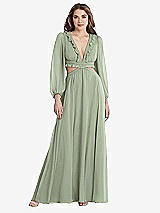 Front View Thumbnail - Sage Bishop Sleeve Ruffled Chiffon Cutout Maxi Dress - Harlow 