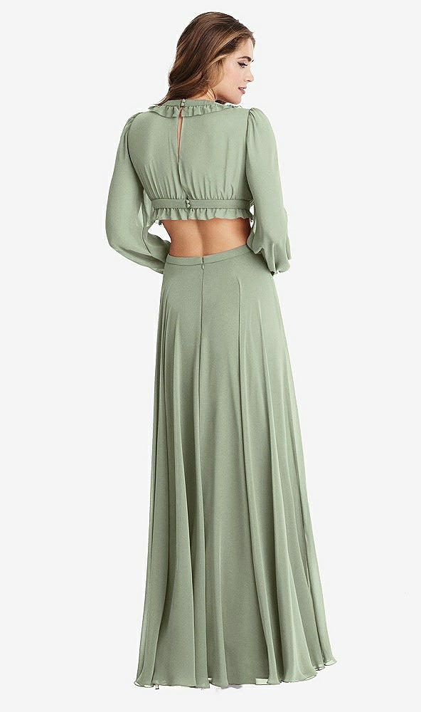 Back View - Sage Bishop Sleeve Ruffled Chiffon Cutout Maxi Dress - Harlow 