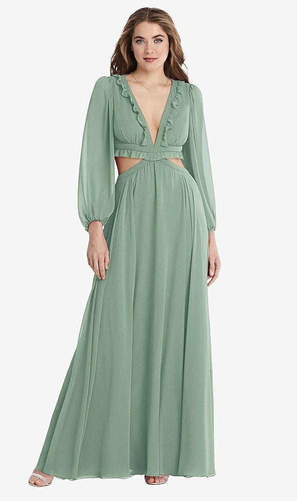 Front View - Seagrass Bishop Sleeve Ruffled Chiffon Cutout Maxi Dress - Harlow 