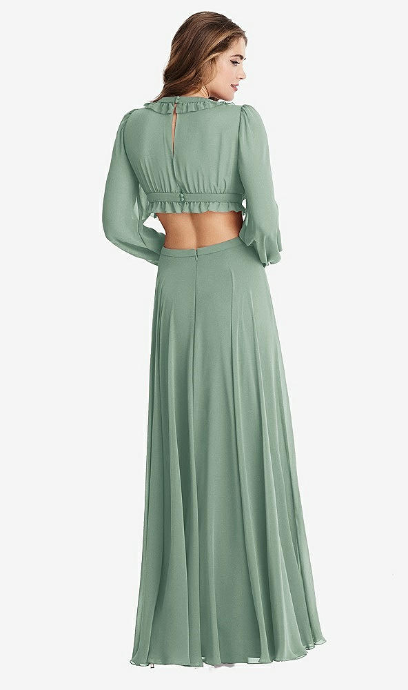 Back View - Seagrass Bishop Sleeve Ruffled Chiffon Cutout Maxi Dress - Harlow 