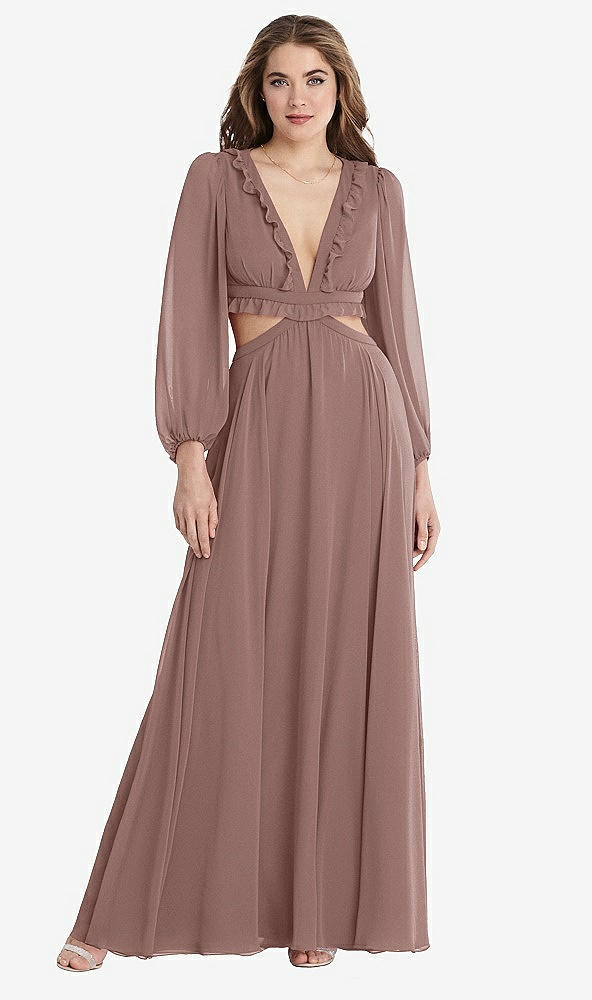 Front View - Sienna Bishop Sleeve Ruffled Chiffon Cutout Maxi Dress - Harlow 