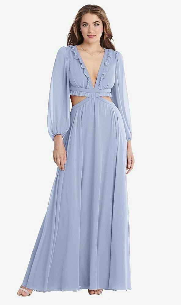 Front View - Sky Blue Bishop Sleeve Ruffled Chiffon Cutout Maxi Dress - Harlow 