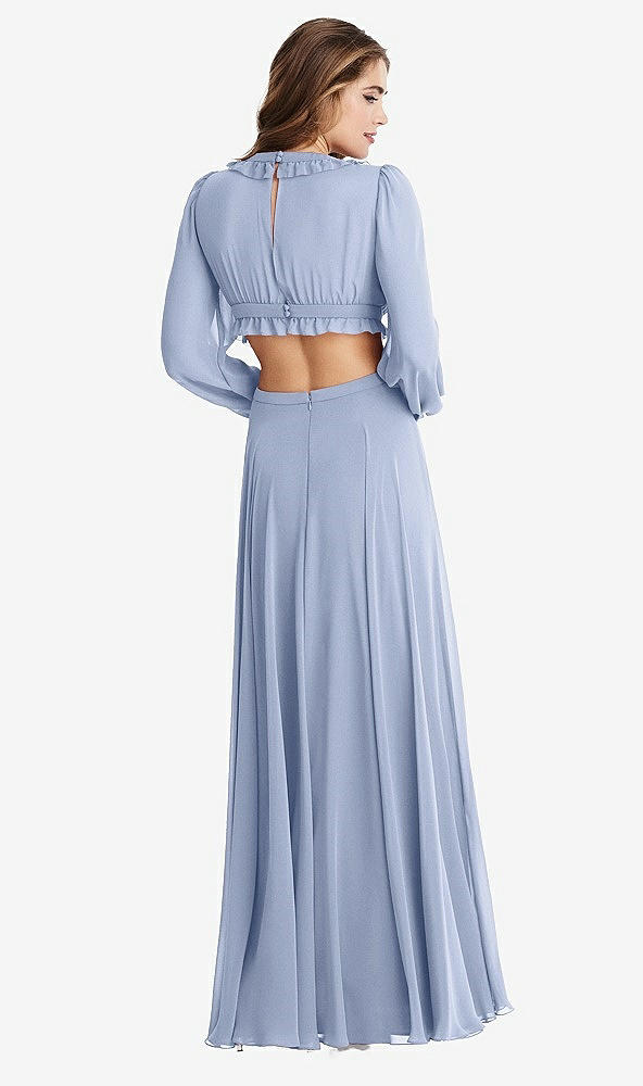 Back View - Sky Blue Bishop Sleeve Ruffled Chiffon Cutout Maxi Dress - Harlow 