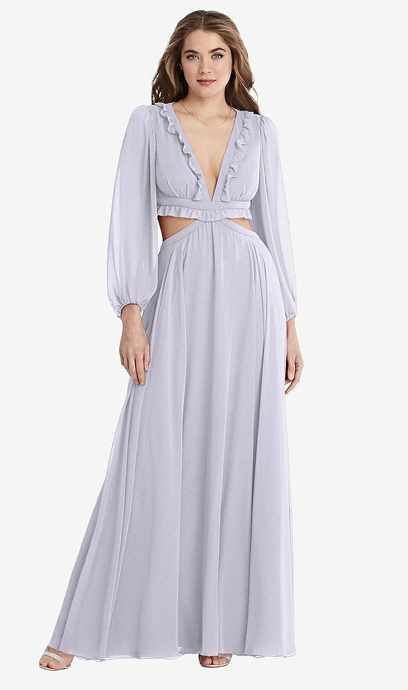 Front View - Silver Dove Bishop Sleeve Ruffled Chiffon Cutout Maxi Dress - Harlow 