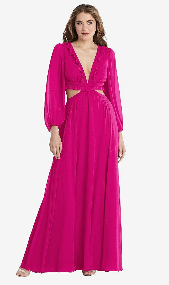 Front View - Think Pink Bishop Sleeve Ruffled Chiffon Cutout Maxi Dress - Harlow 