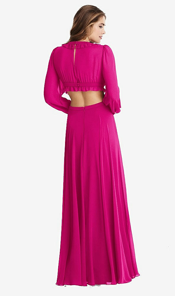 Back View - Think Pink Bishop Sleeve Ruffled Chiffon Cutout Maxi Dress - Harlow 