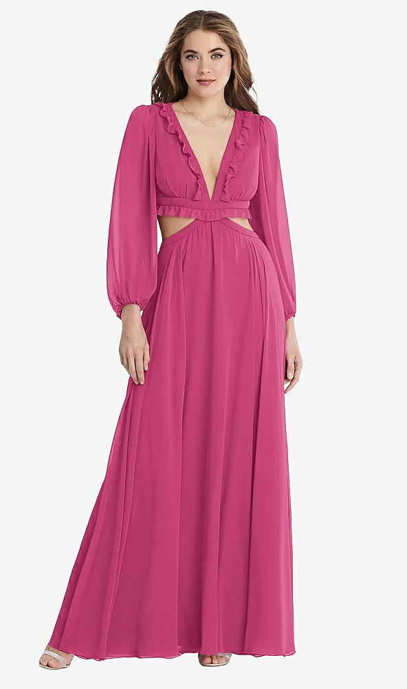 Front View - Tea Rose Bishop Sleeve Ruffled Chiffon Cutout Maxi Dress - Harlow 