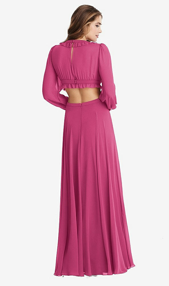 Back View - Tea Rose Bishop Sleeve Ruffled Chiffon Cutout Maxi Dress - Harlow 