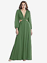 Front View Thumbnail - Vineyard Green Bishop Sleeve Ruffled Chiffon Cutout Maxi Dress - Harlow 