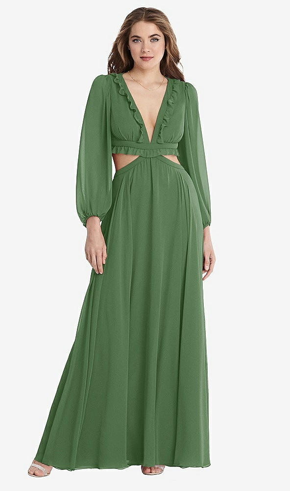 Front View - Vineyard Green Bishop Sleeve Ruffled Chiffon Cutout Maxi Dress - Harlow 