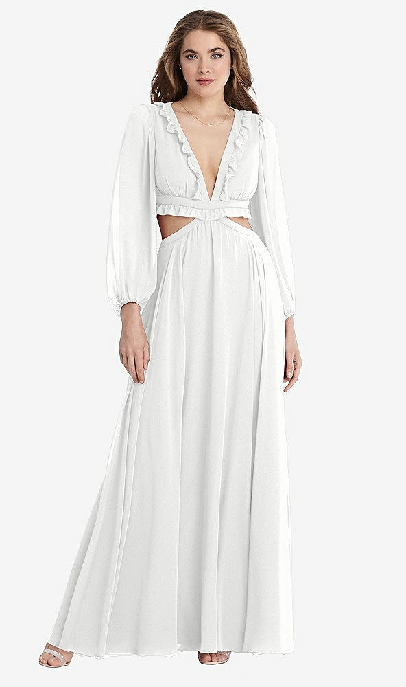 Front View - White Bishop Sleeve Ruffled Chiffon Cutout Maxi Dress - Harlow 