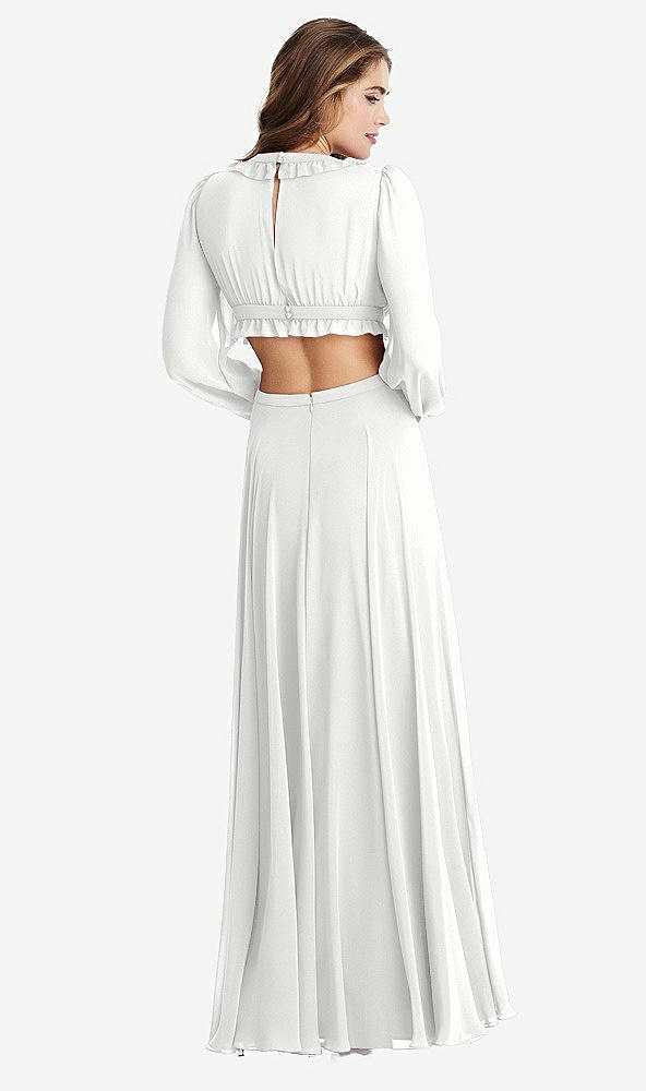 Back View - White Bishop Sleeve Ruffled Chiffon Cutout Maxi Dress - Harlow 