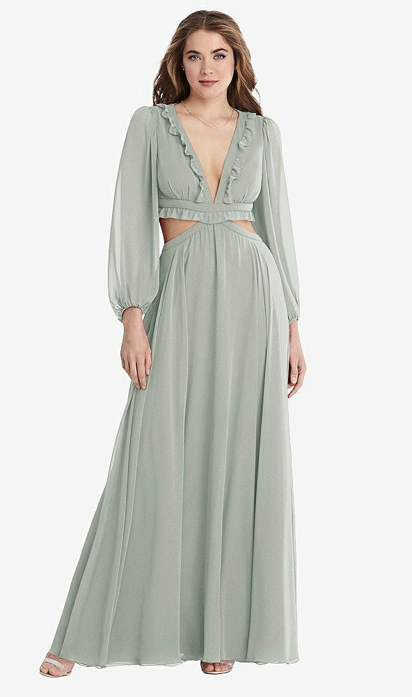 Front View - Willow Green Bishop Sleeve Ruffled Chiffon Cutout Maxi Dress - Harlow 