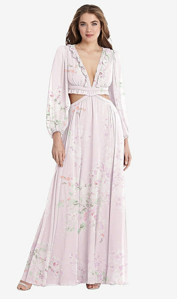 Front View - Watercolor Print Bishop Sleeve Ruffled Chiffon Cutout Maxi Dress - Harlow 