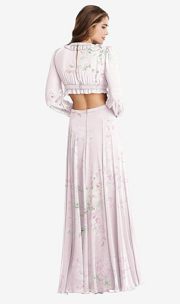 Back View - Watercolor Print Bishop Sleeve Ruffled Chiffon Cutout Maxi Dress - Harlow 