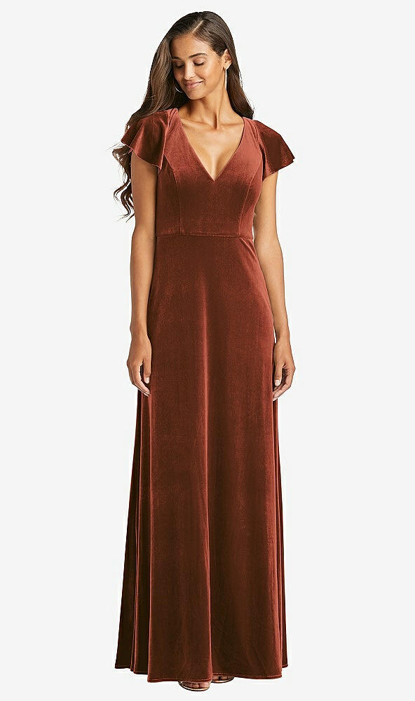 Front View - Auburn Moon Flutter Sleeve Velvet Maxi Dress with Pockets