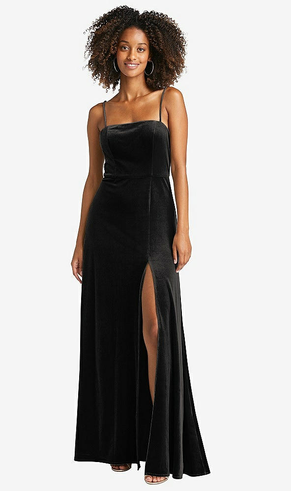 Front View - Black Square Neck Velvet Maxi Dress with Front Slit - Drew