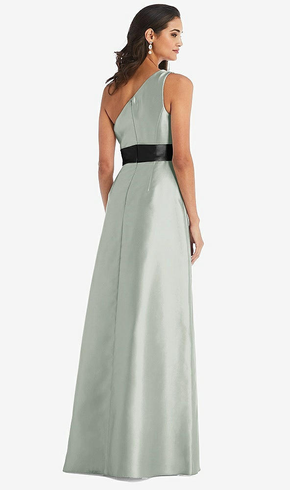 Back View - Willow Green & Black One-Shoulder Bow-Waist Maxi Dress with Pockets