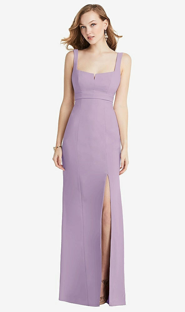 Front View - Pale Purple Wide Strap Notch Empire Waist Dress with Front Slit