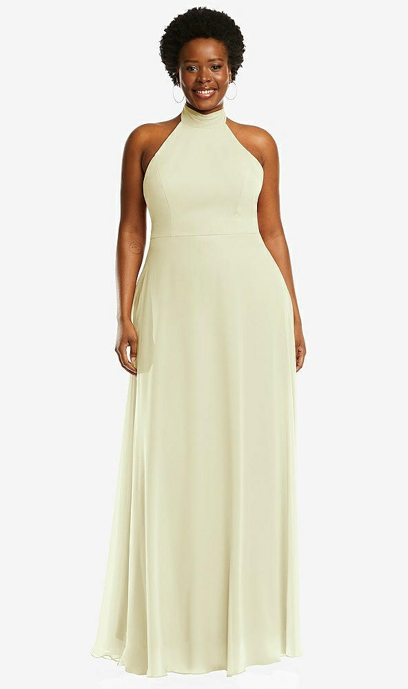 Front View - Butter Yellow High Neck Halter Backless Maxi Dress