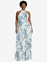 Front View Thumbnail - Cottage Rose Dusk Blue High Neck Halter Backless Maxi Dress