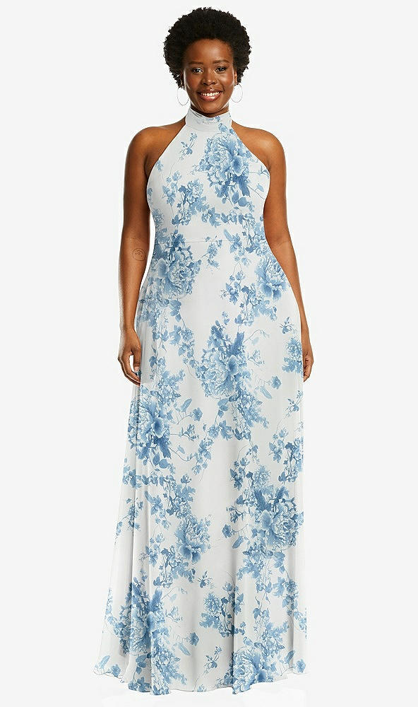 Front View - Cottage Rose Dusk Blue High Neck Halter Backless Maxi Dress