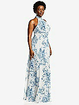 Side View Thumbnail - Cottage Rose Dusk Blue High Neck Halter Backless Maxi Dress