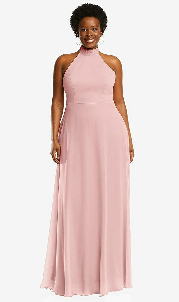 Front View - Rose High Neck Halter Backless Maxi Dress