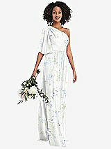 Alt View 1 Thumbnail - Bleu Garden One-Shoulder Bell Sleeve Chiffon Maxi Dress