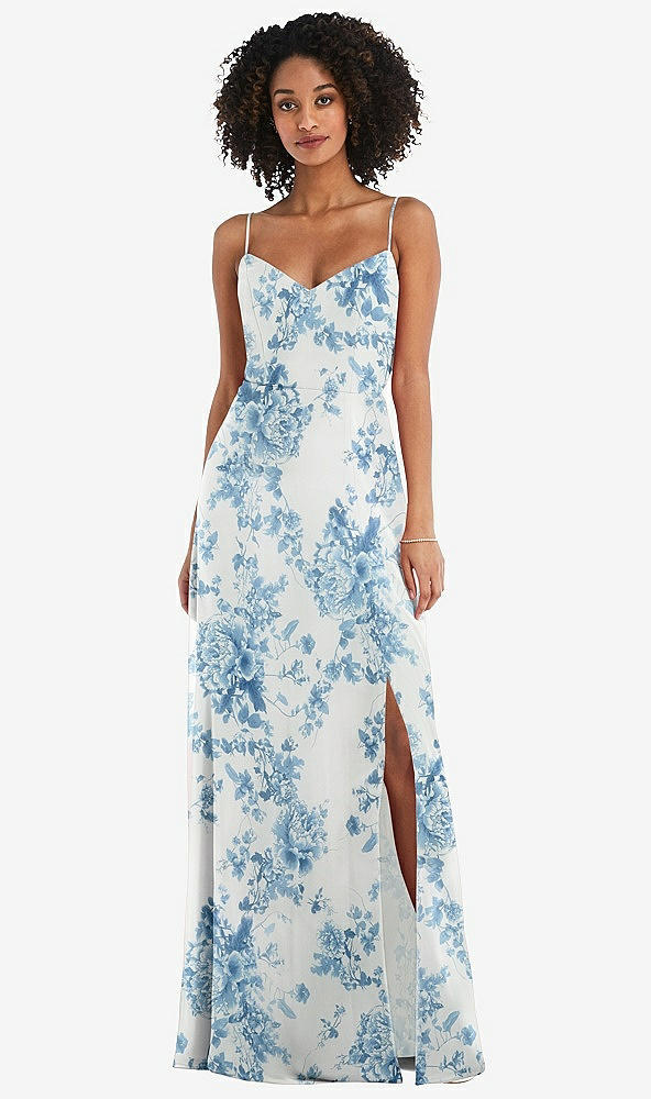 Front View - Cottage Rose Dusk Blue Tie-Back Cutout Maxi Dress with Front Slit