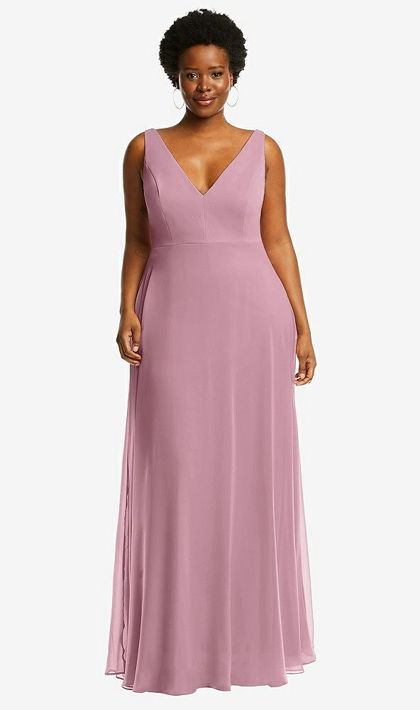 Front View - Dusty Pink Deep V-Neck Chiffon Maxi Dress