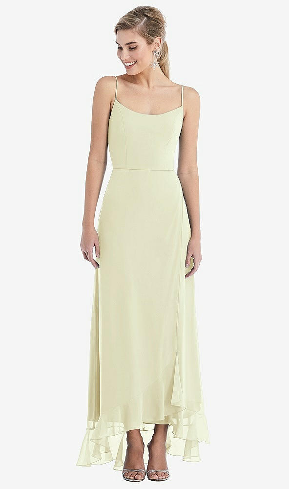 Front View - Butter Yellow Scoop Neck Ruffle-Trimmed High Low Maxi Dress