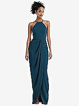 Front View Thumbnail - Atlantic Blue Halter Draped Tulip Skirt Maxi Dress