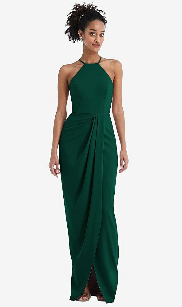 Front View - Hunter Green Halter Draped Tulip Skirt Maxi Dress