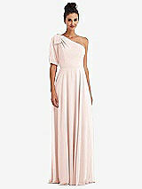 Front View Thumbnail - Blush Bow One-Shoulder Flounce Sleeve Maxi Dress