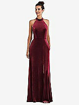 Front View Thumbnail - Cabernet High-Neck Halter Velvet Maxi Dress with Front Slit