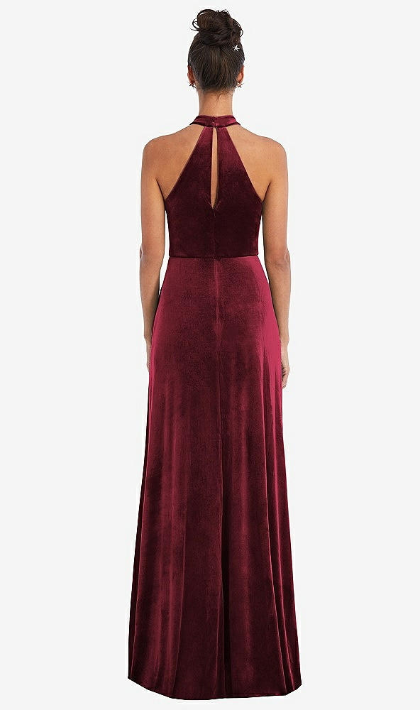 Back View - Cabernet High-Neck Halter Velvet Maxi Dress with Front Slit